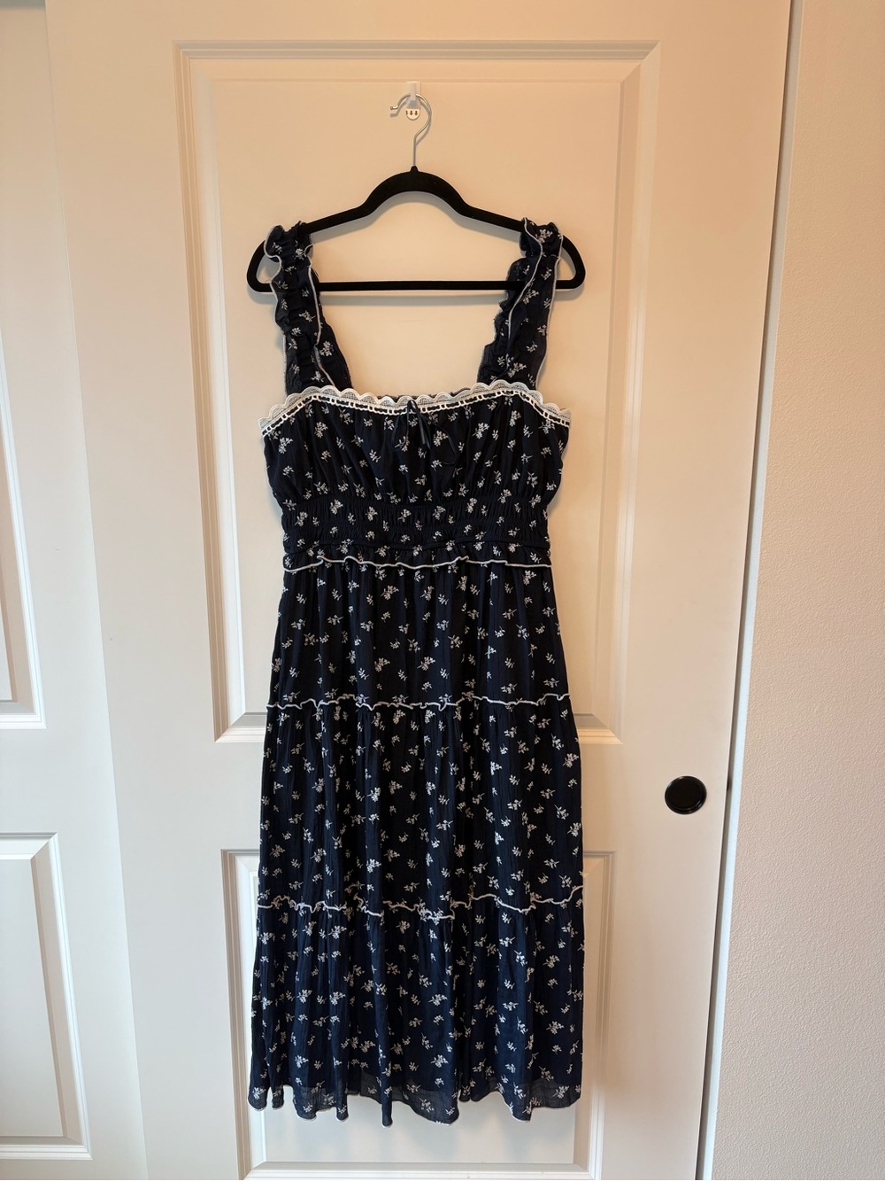Trixxi Navy Floral Smocked Midi Dress with White Lace